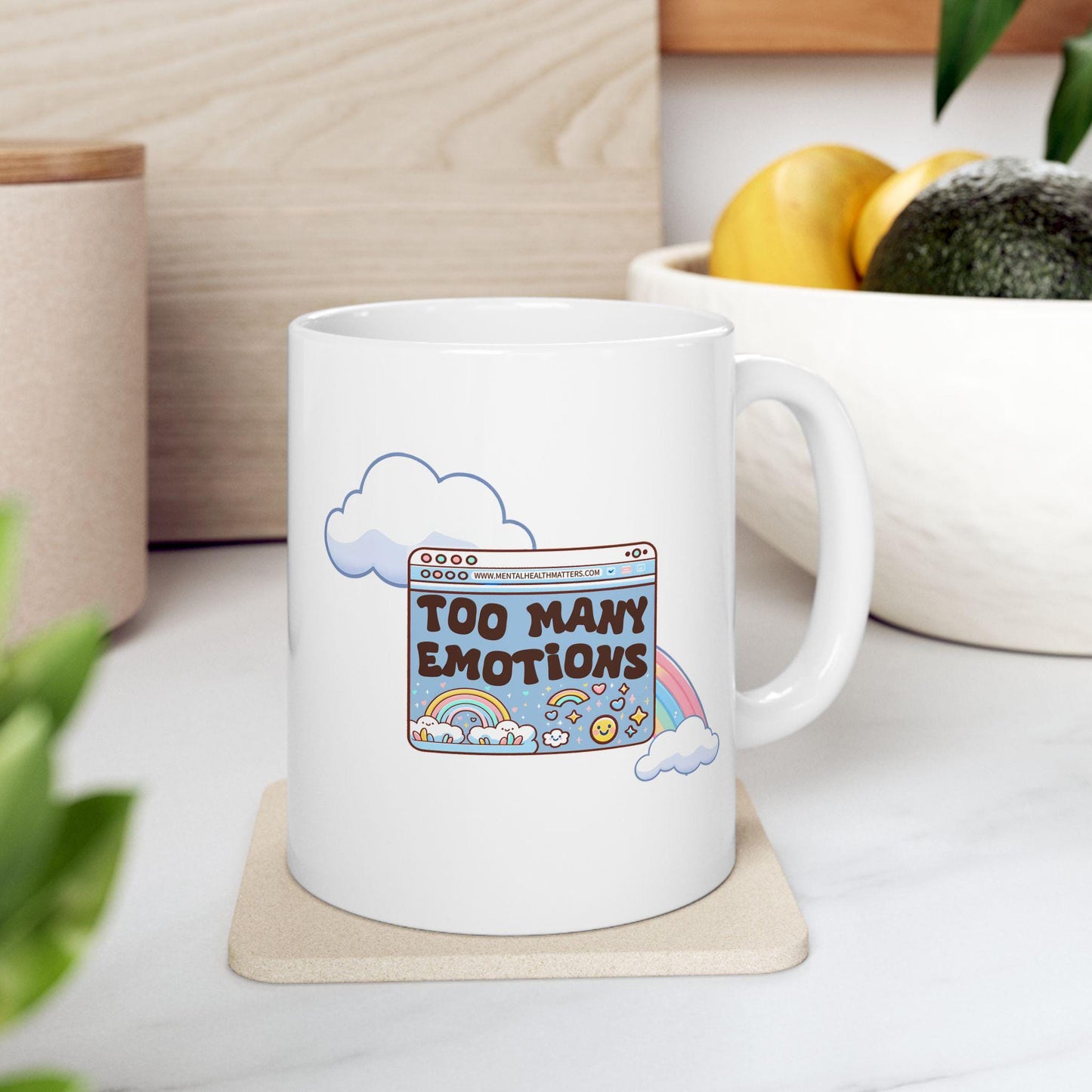 Too Many Emotions Mug, Funny Coffee Cup, Sarcastic Quote Mug for Women, Unique Gift Idea, Humor and Relatable Quote Drinkware