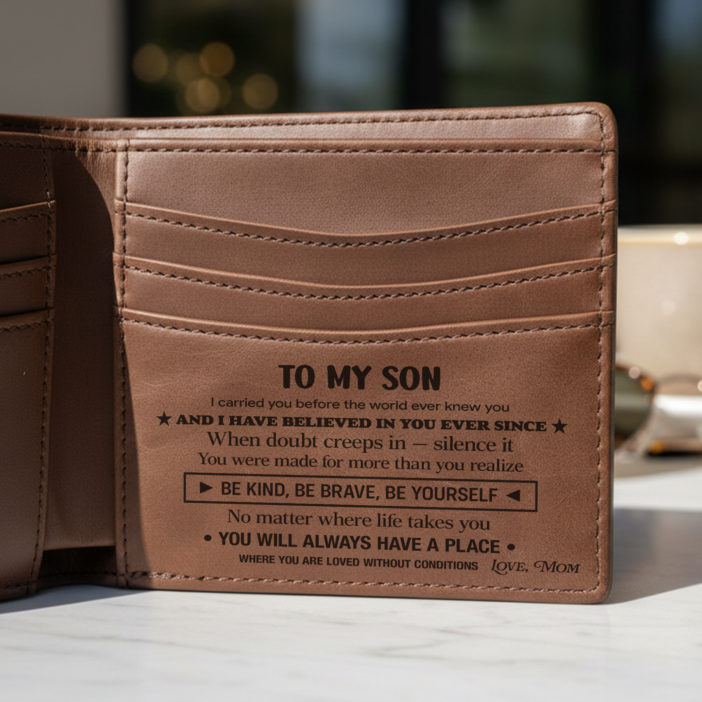 To My Son Wallet | Engraved Leather Bifold Wallet Gift for Son from Dad or Mom | RFID Blocking | Graduation, Birthday & Christmas Gift
