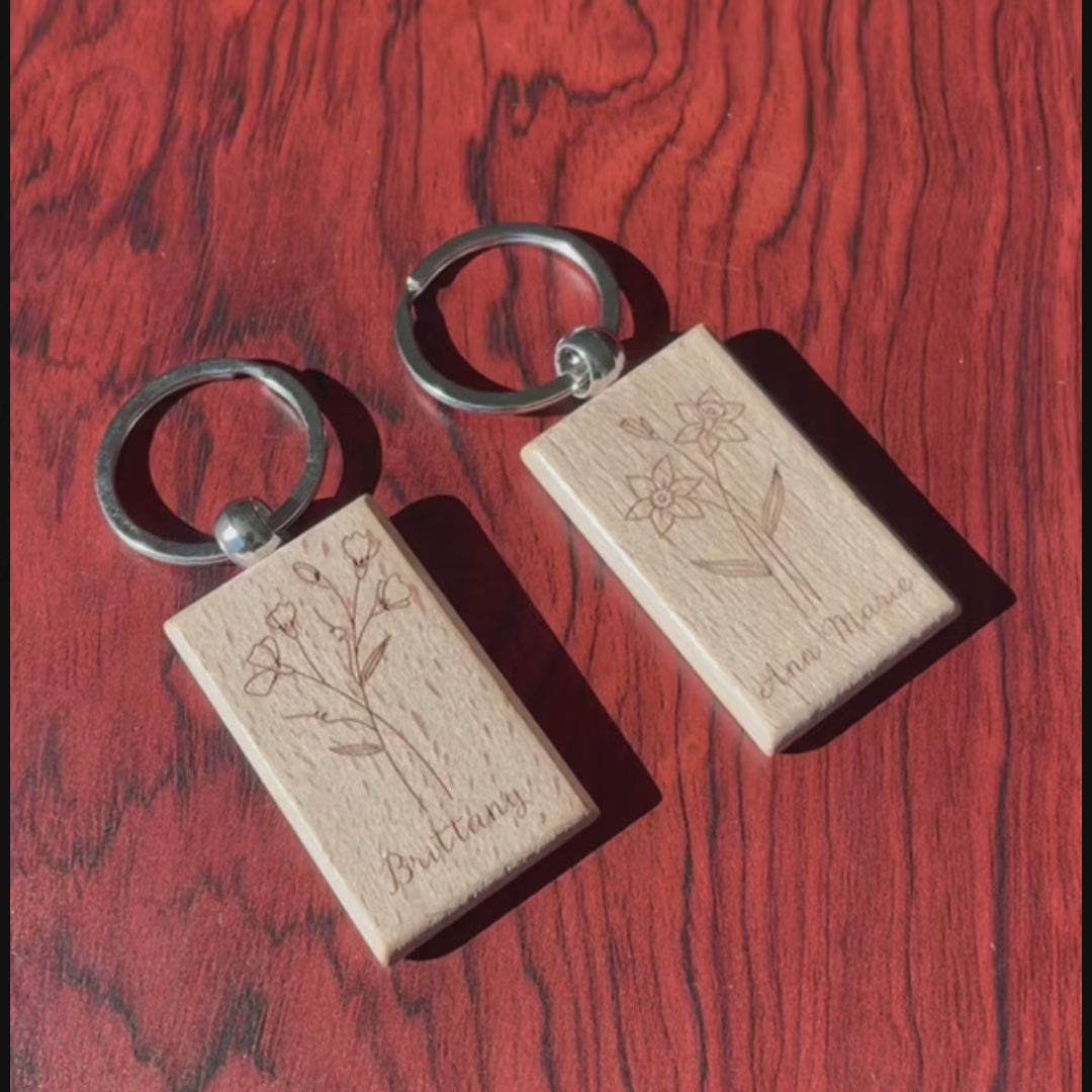 Birth Flower Custom Wooden Keychains - Personalized Engraved Gifts for Home, Car, or Office - Gift For Daughter, Mom, Girlfriend